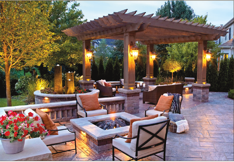 Custom pergola with lighting designed by professional builder